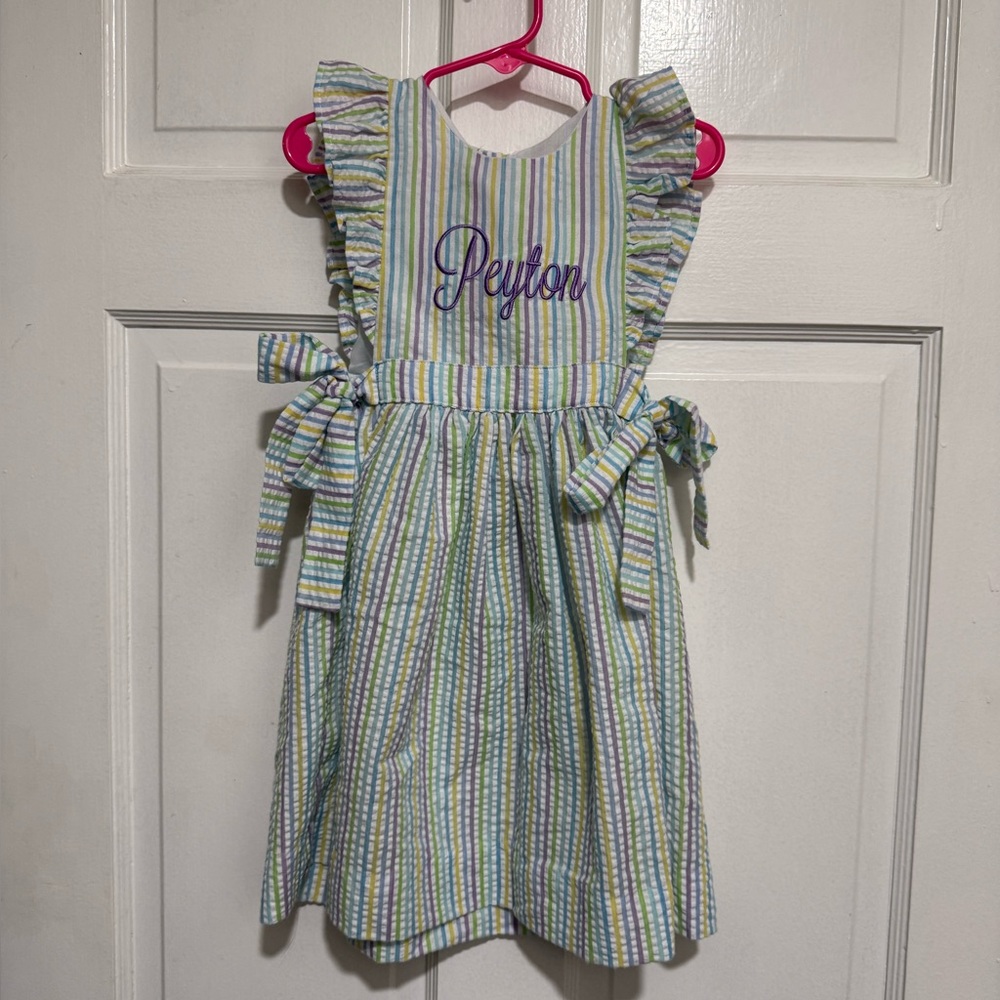 4T “Peyton” Monogrammed Stripe Ruffle Bow Spring Easter Summer Seersucker